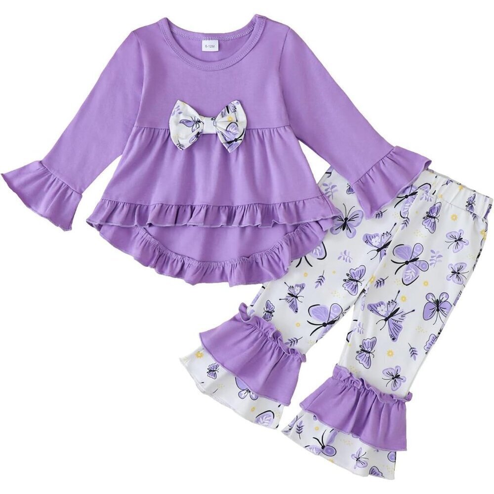 Toddler Baby Girl Clothes Long Sleeve Shirt Ruffle Soft Tops Bell Bottom Long Pa
